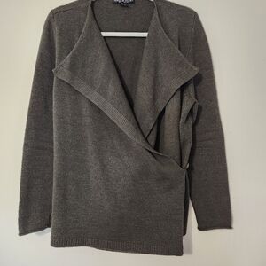 Merino Wool Drape Front Wrap Cardigan Button Closure Olive Green Large Luxury